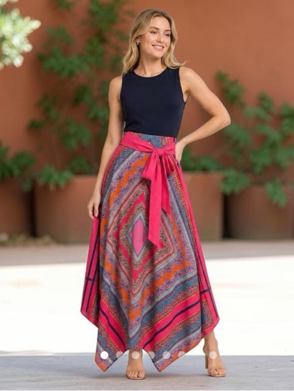 Eliza J Scarf Print Jersey Maxi Dress Navy Pink 2P Petite